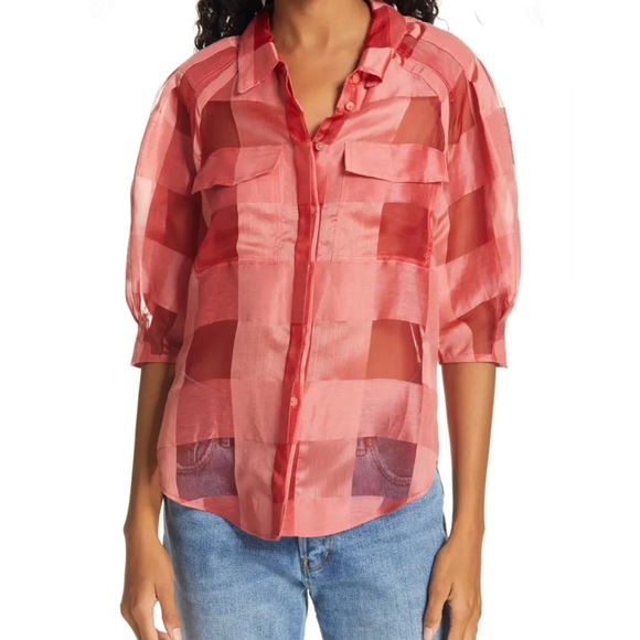 Rebecca Taylor Check Silk & Linen Organza Shirt